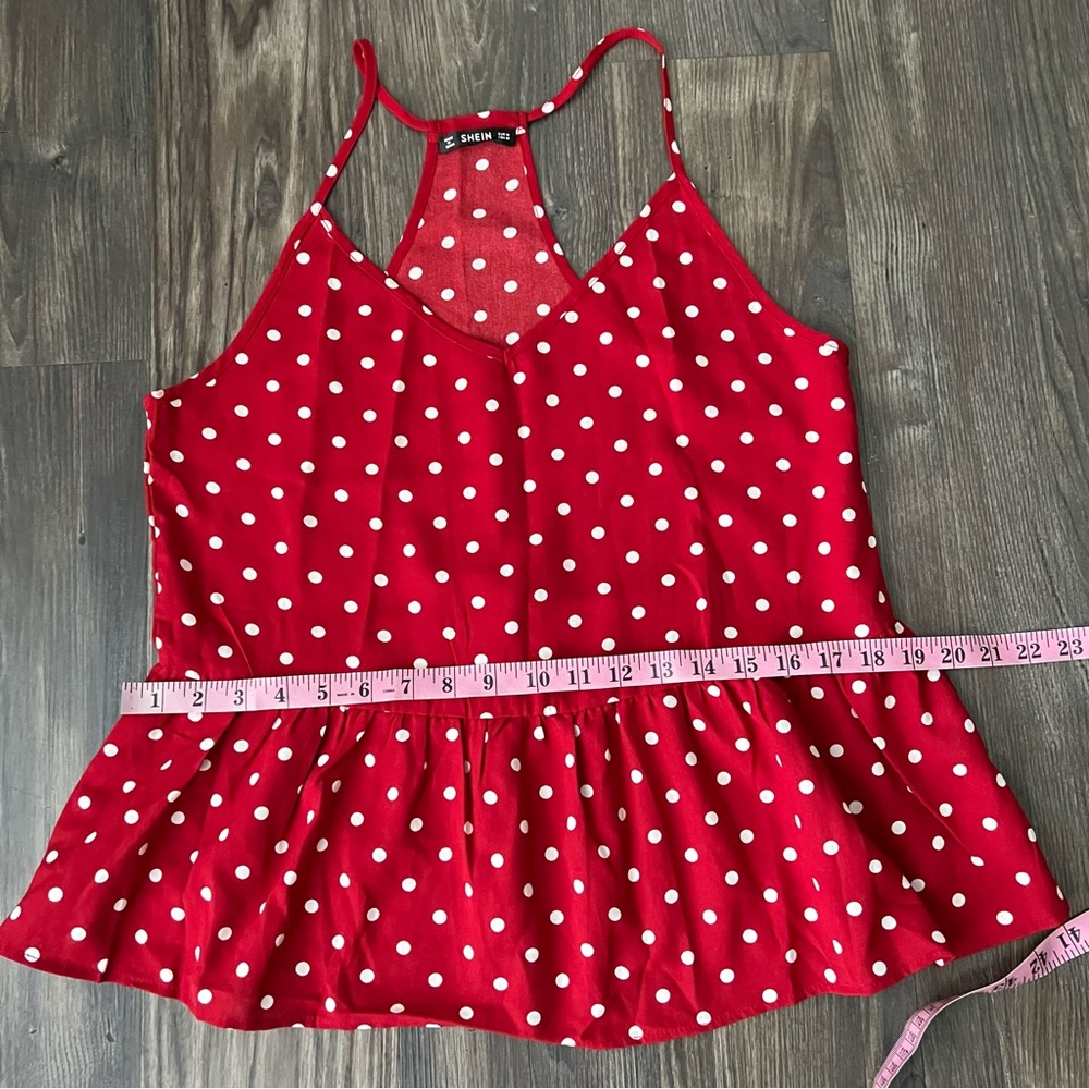 SHEIN Red and White Polka Dot Peplum Spaghetti Strap Top - Picture 9 of 10